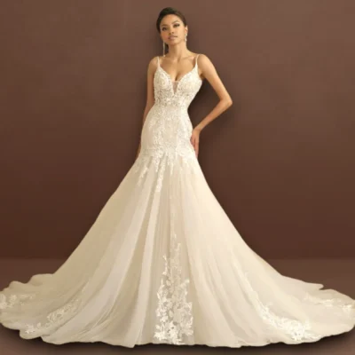 Wedding Dress Sexy Backless Trumpet Lace V Neck Sleeveless Mermaid Floral Bridal Gowns