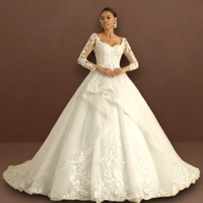 Wedding Dress Full Sleeves Sweetheart Ruffle Skirt Shinny Glitter Bride Bridal Gowns