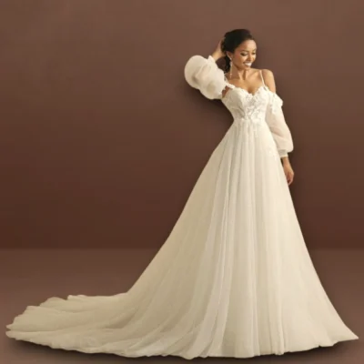 Wedding Dress Sweetheart Glitter A Line Detachable Full Sleeves Boho Bride Bridal Gowns